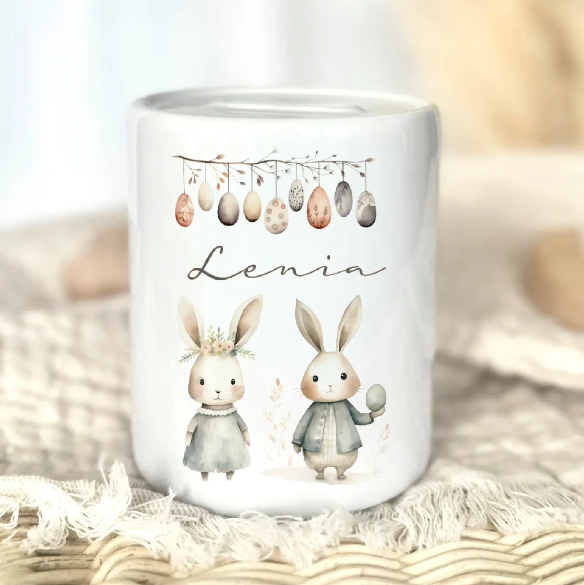 Spardose mit Namen für Kinder mit Ostermotiven