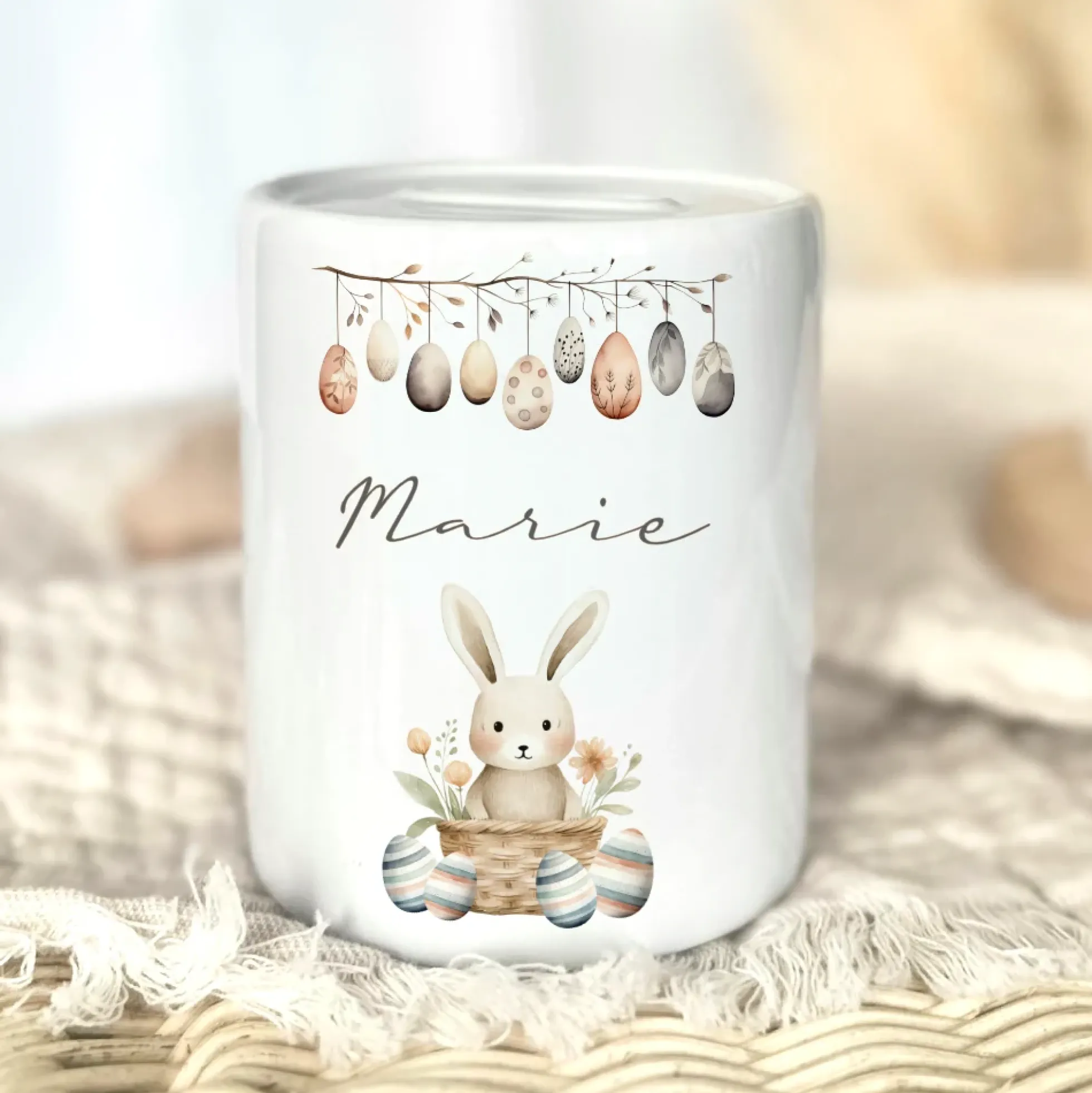 Spardose mit Namen für Kinder mit Ostermotiven