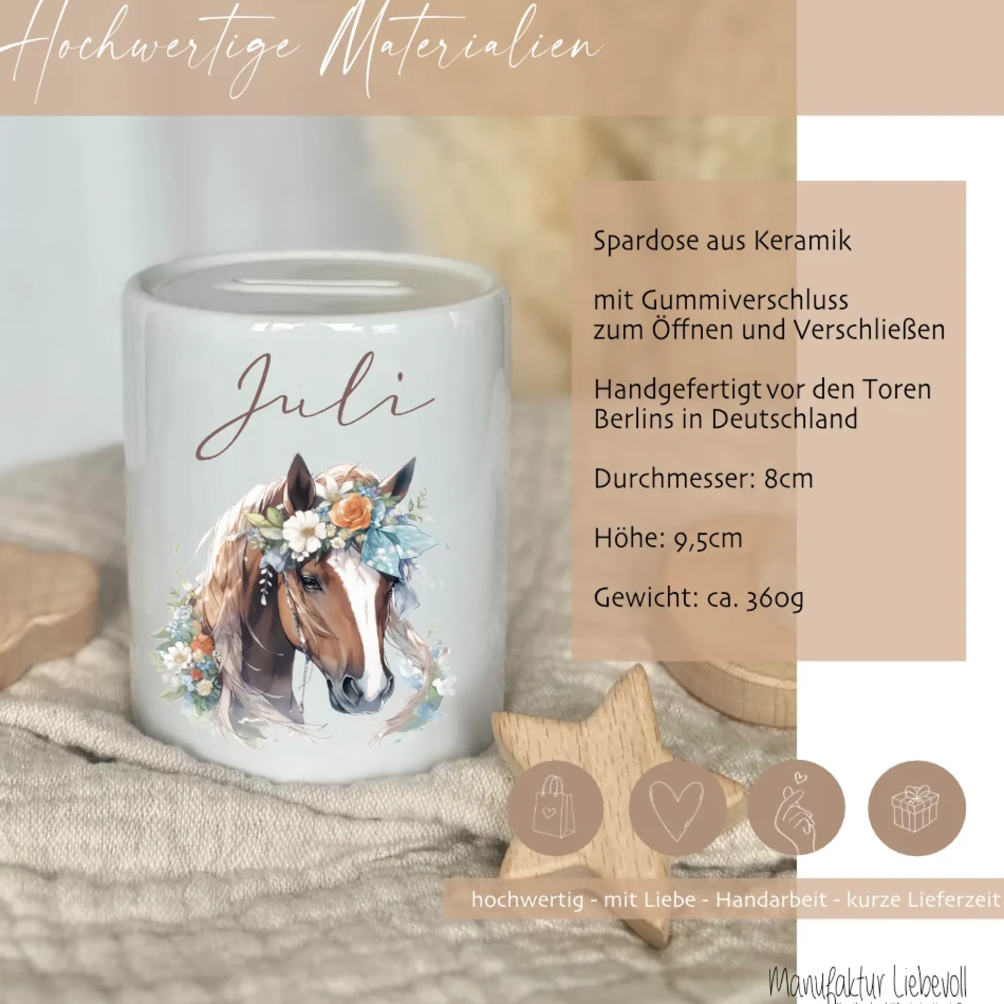 Spardose "Pony" mit Namen für Mädchen | Geschenk für Kinder | Personalisiertes Geldgeschenk I Geschenkidee zum Geburtstag | 10 Motive zur Auswahl