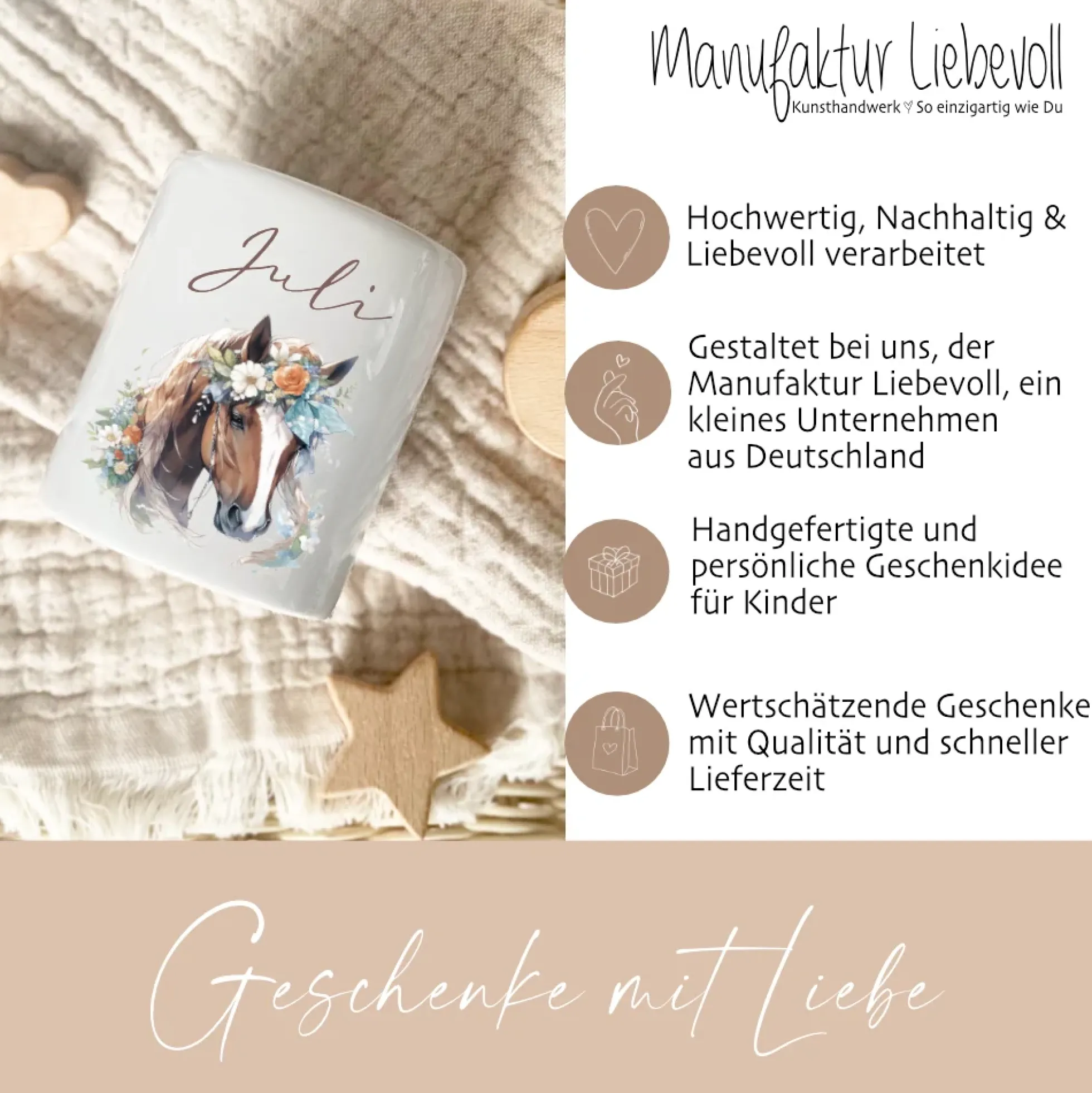 Spardose "Pony" mit Namen für Mädchen | Geschenk für Kinder | Personalisiertes Geldgeschenk I Geschenkidee zum Geburtstag | 10 Motive zur Auswahl