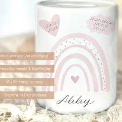 Spardose Regenbogen für Babys, personalisiert mit Namen und Geburtsdaten