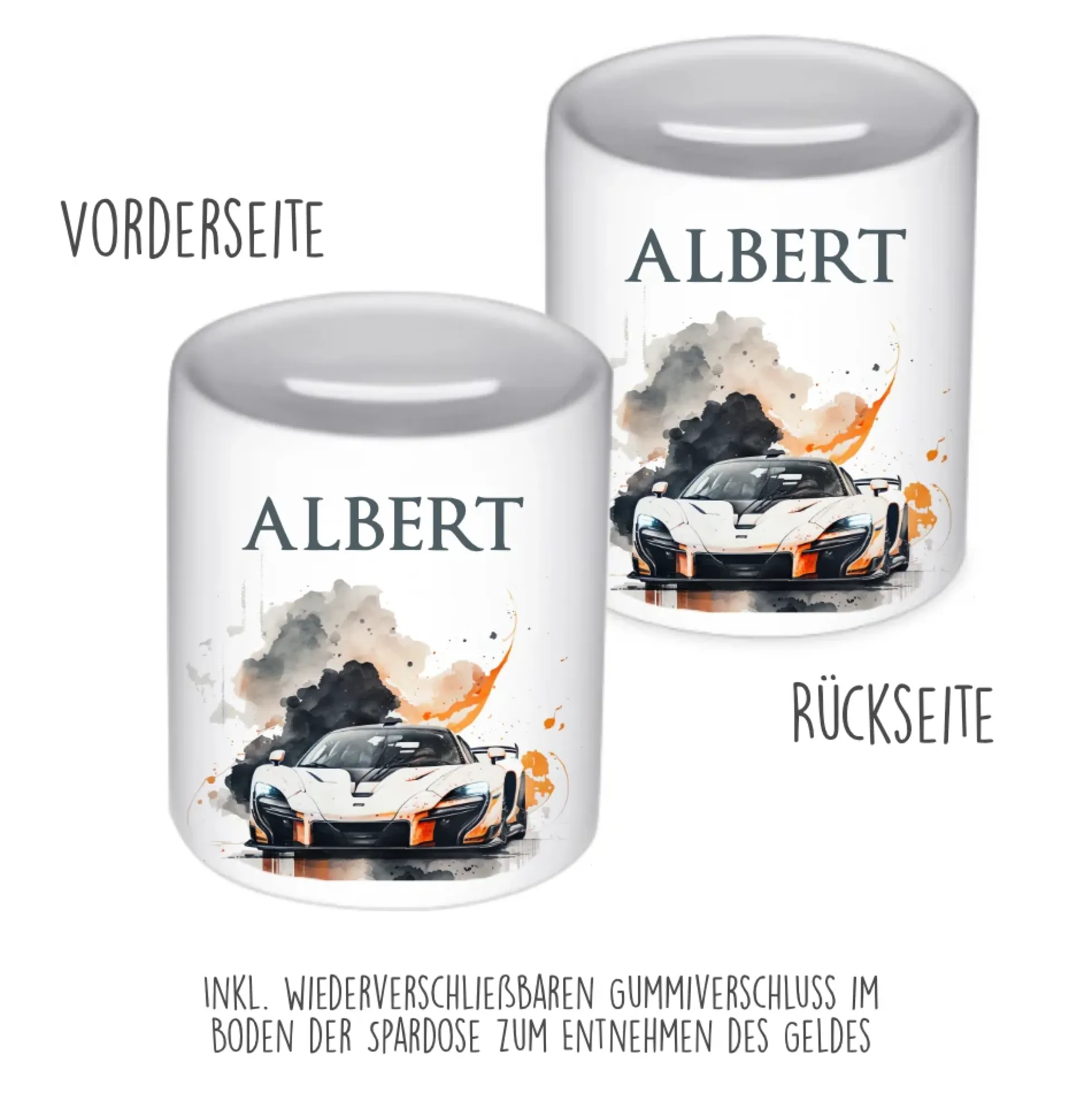 Spardose "Rennauto" mit Namen für Jungen | Geschenk für Kinder Teenager | Personalisiertes Geldgeschenk I Geschenkidee zum Geburtstag | 10 Motive zur Auswahl