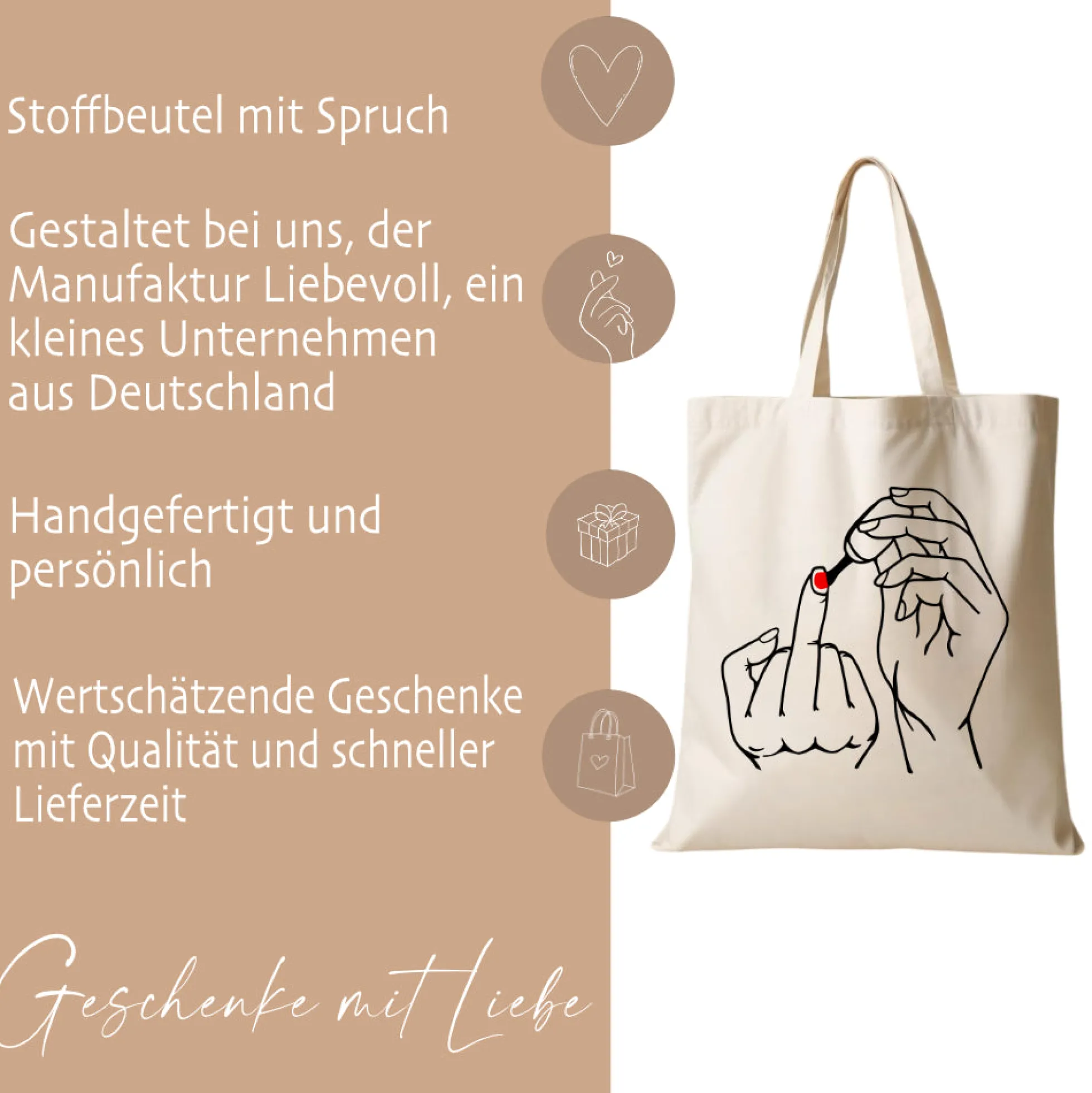 Stoffbeutel Einkaufstasche Beutel bedruckt Love Kiss Mittelfinger Fuck Statement Beuteltasche Damen Frau Liebe