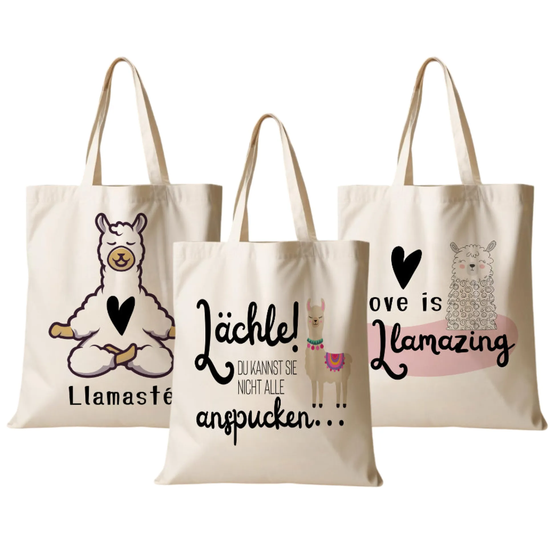 Stoffbeutel Lama Stofftasche Spruch Llamasté, Lächle... anspucken, Love ist Llamazing, No drama Llama