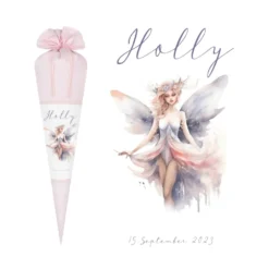 Stoff Schultüte Elfe Mädchen Name Rosa Fee Prinzessin Personalisiert Märchen Blumen Prinzessin Boho Einschulungstüte Zuckertüte Datum 70 cm| Optional mit Füllkissen und Spitzenschutz