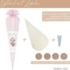 Stoff Schultüte Elfe Mädchen Name Rosa Fee Prinzessin Personalisiert Märchen Blumen Prinzessin Boho Einschulungstüte Zuckertüte Datum 70 cm| Optional mit Füllkissen und Spitzenschutz