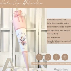 Stoff Schultüte Elfe Mädchen Name Rosa Fee Prinzessin Personalisiert Märchen Blumen Prinzessin Boho Einschulungstüte Zuckertüte Datum 70 cm| Optional mit Füllkissen und Spitzenschutz
