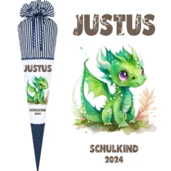 Stoff Schultüte grüner Drache | Personalisiert mit dem Namen für Jungen | Optional mit Füllkissen und Spitzenschutz