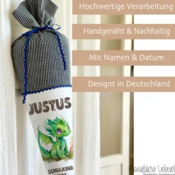 Stoff Schultüte grüner Drache | Personalisiert mit dem Namen für Jungen | Optional mit Füllkissen und Spitzenschutz