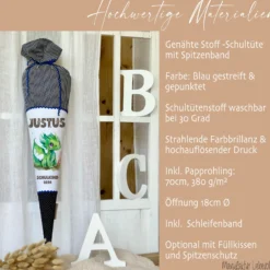 Stoff Schultüte grüner Drache | Personalisiert mit dem Namen für Jungen | Optional mit Füllkissen und Spitzenschutz
