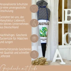 Stoff Schultüte grüner Drache | Personalisiert mit dem Namen für Jungen | Optional mit Füllkissen und Spitzenschutz