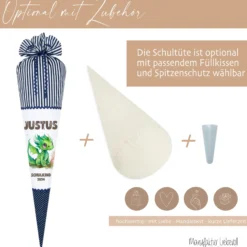 Stoff Schultüte grüner Drache | Personalisiert mit dem Namen für Jungen | Optional mit Füllkissen und Spitzenschutz