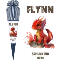 Stoff Schultüte roter Drache | Personalisiert mit dem Namen für Jungen | Optional mit Füllkissen und Spitzenschutz