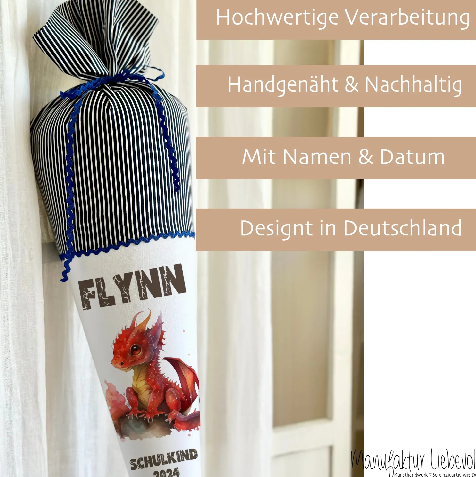 Stoff Schultüte roter Drache | Personalisiert mit dem Namen für Jungen | Optional mit Füllkissen und Spitzenschutz