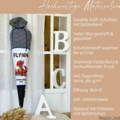 Stoff Schultüte roter Drache | Personalisiert mit dem Namen für Jungen | Optional mit Füllkissen und Spitzenschutz