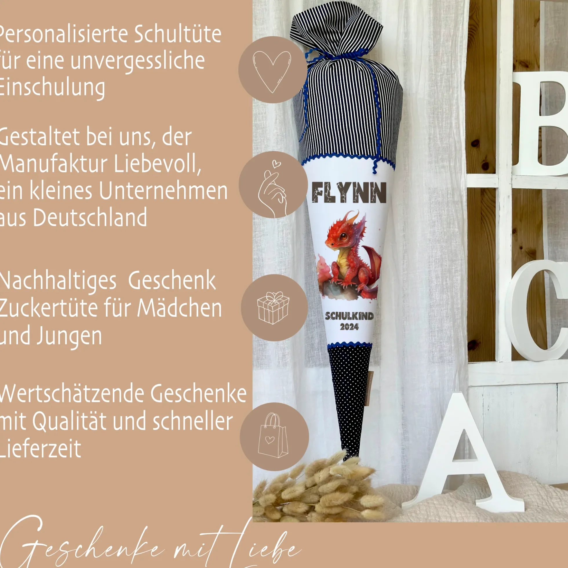 Stoff Schultüte roter Drache | Personalisiert mit dem Namen für Jungen | Optional mit Füllkissen und Spitzenschutz