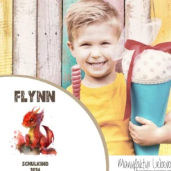 Stoff Schultüte roter Drache | Personalisiert mit dem Namen für Jungen | Optional mit Füllkissen und Spitzenschutz