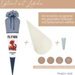 Stoff Schultüte roter Drache | Personalisiert mit dem Namen für Jungen | Optional mit Füllkissen und Spitzenschutz