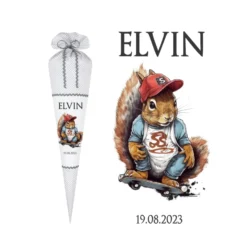 Stoff Zuckertüte Skater Eichhörnchen mit Namen personalisierte Einschulungstüte und Einschulungsdatum in Grau 70 cm | Optional mit Füllkissen und Spitzenschutz