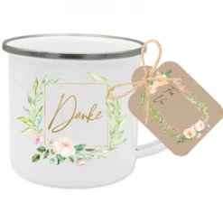Tasse aus Emaille "Danke" | Dankeschön Geschenk im floralen Design | Tassengeschenk um Danke zu sagen