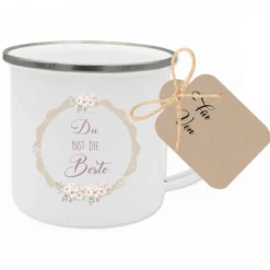 Tasse aus Emaille "Du bist die Beste" | Geschenkidee für besondere Menschen wie Mama, Oma, Beste Freundin | Tassengeschenk inkl. Geschenkanhänger