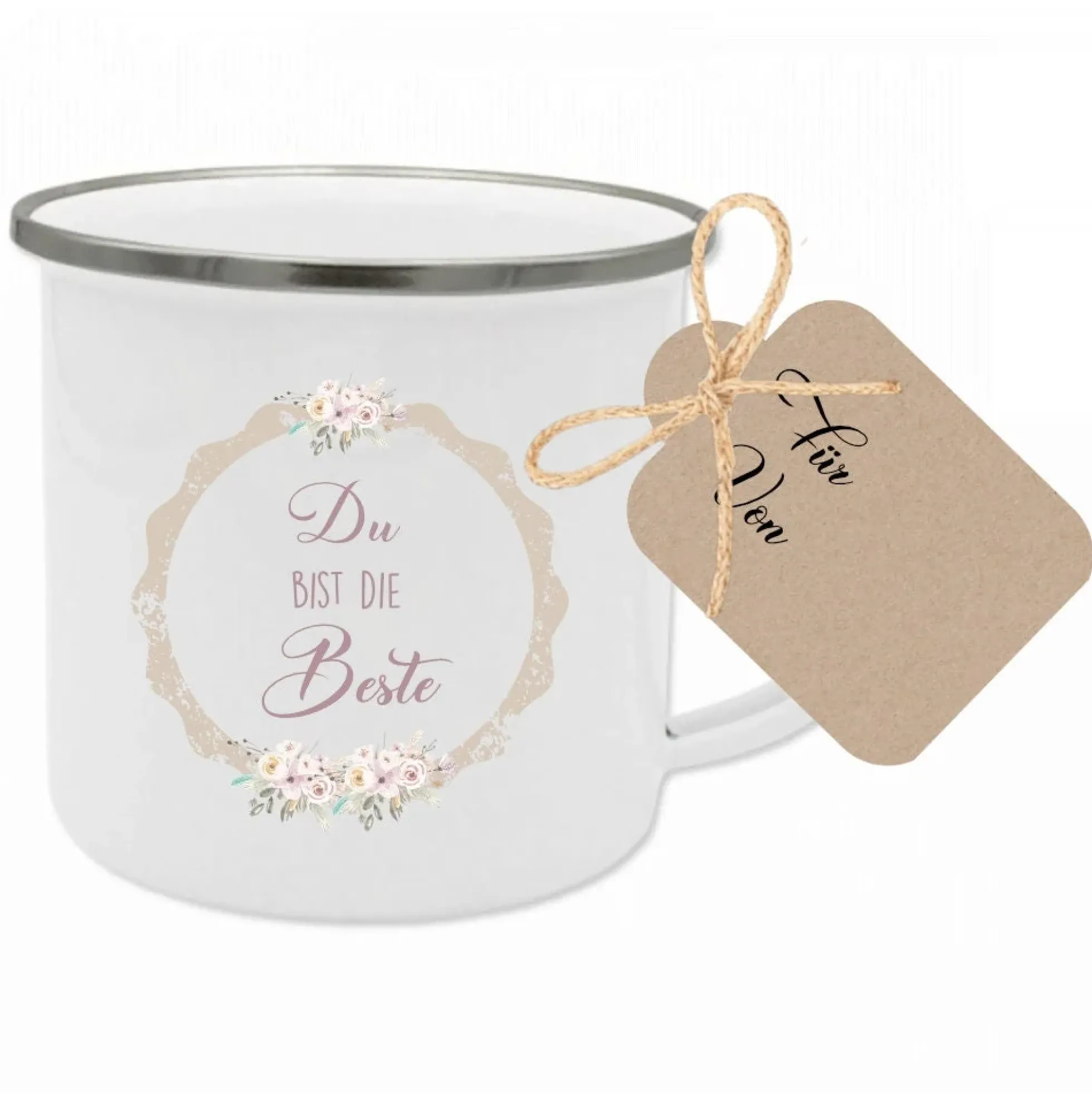 Tasse aus Emaille "Du bist die Beste" | Geschenkidee für besondere Menschen wie Mama, Oma, Beste Freundin | Tassengeschenk inkl. Geschenkanhänger