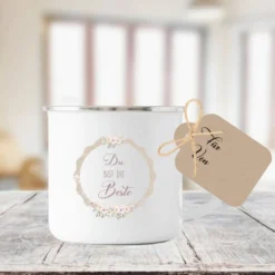 Tasse aus Emaille "Du bist die Beste" | Geschenkidee für besondere Menschen wie Mama, Oma, Beste Freundin | Tassengeschenk inkl. Geschenkanhänger