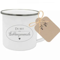 Tasse aus Emaille "Du bist mein Lieblingsmensch" | Besondere Geschenkidee für Frauen, Paare u. die beste Freundin | Tassengeschenk inkl. Geschenkanhänger zum Beschriften