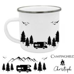 Tasse aus Emaille für Campinghelden | Personalisierte Emailletasse für den Urlaub für Ihn und Sie