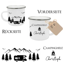Tasse aus Emaille für Campinghelden | Personalisierte Emailletasse für den Urlaub für Ihn und Sie