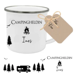 Tasse aus Emaille für Campinghelden | Personalisierte Emailletasse für den Urlaub für Ihn und Sie