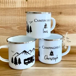 Tasse aus Emaille für Campinghelden | Personalisierte Emailletasse für den Urlaub für Ihn und Sie