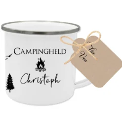 Tasse aus Emaille für Campinghelden | Personalisierte Emailletasse für den Urlaub für Ihn und Sie