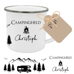Tasse aus Emaille für Campinghelden | Personalisierte Emailletasse für den Urlaub für Ihn und Sie