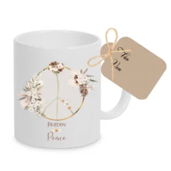 Tasse aus Keramik mit Friedenszeichen "Peace" im floralen Design