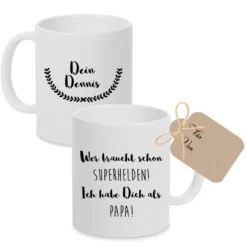 Tasse aus Keramik "Wer braucht schon Superhelden" | Personalisiertes Geschenk für den Papa