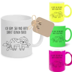 Tasse Faultier mit Spruch: Ich kam, sah und hatte direkt keinen Bock! | 4 Tassenfarben zur Auswahl