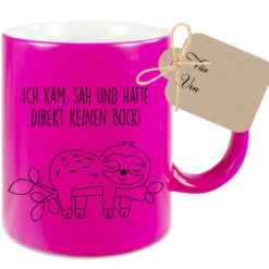 Tasse Faultier mit Spruch: Ich kam, sah und hatte direkt keinen Bock! | 4 Tassenfarben zur Auswahl