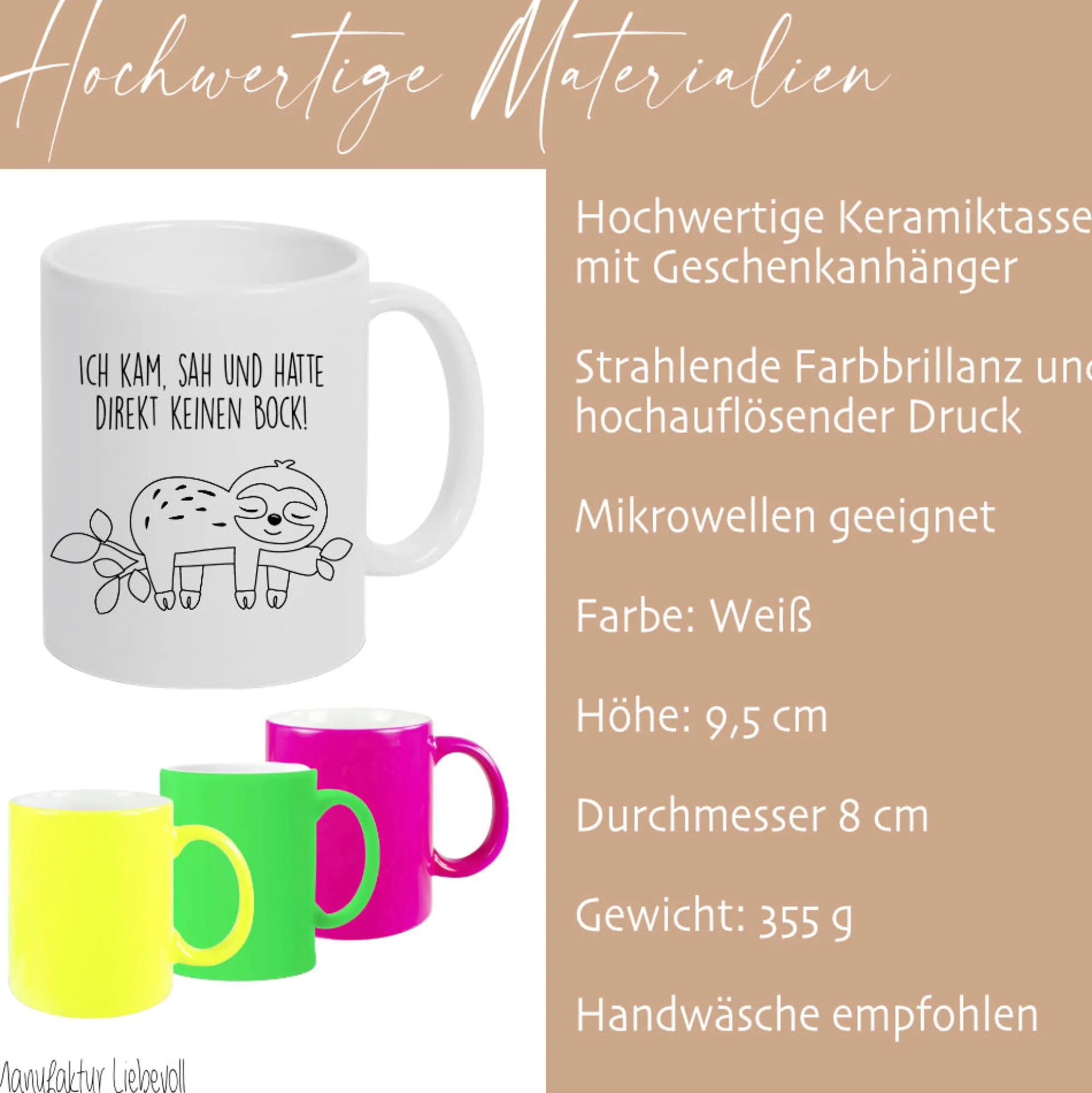 Tasse Faultier mit Spruch: Ich kam, sah und hatte direkt keinen Bock! | 4 Tassenfarben zur Auswahl