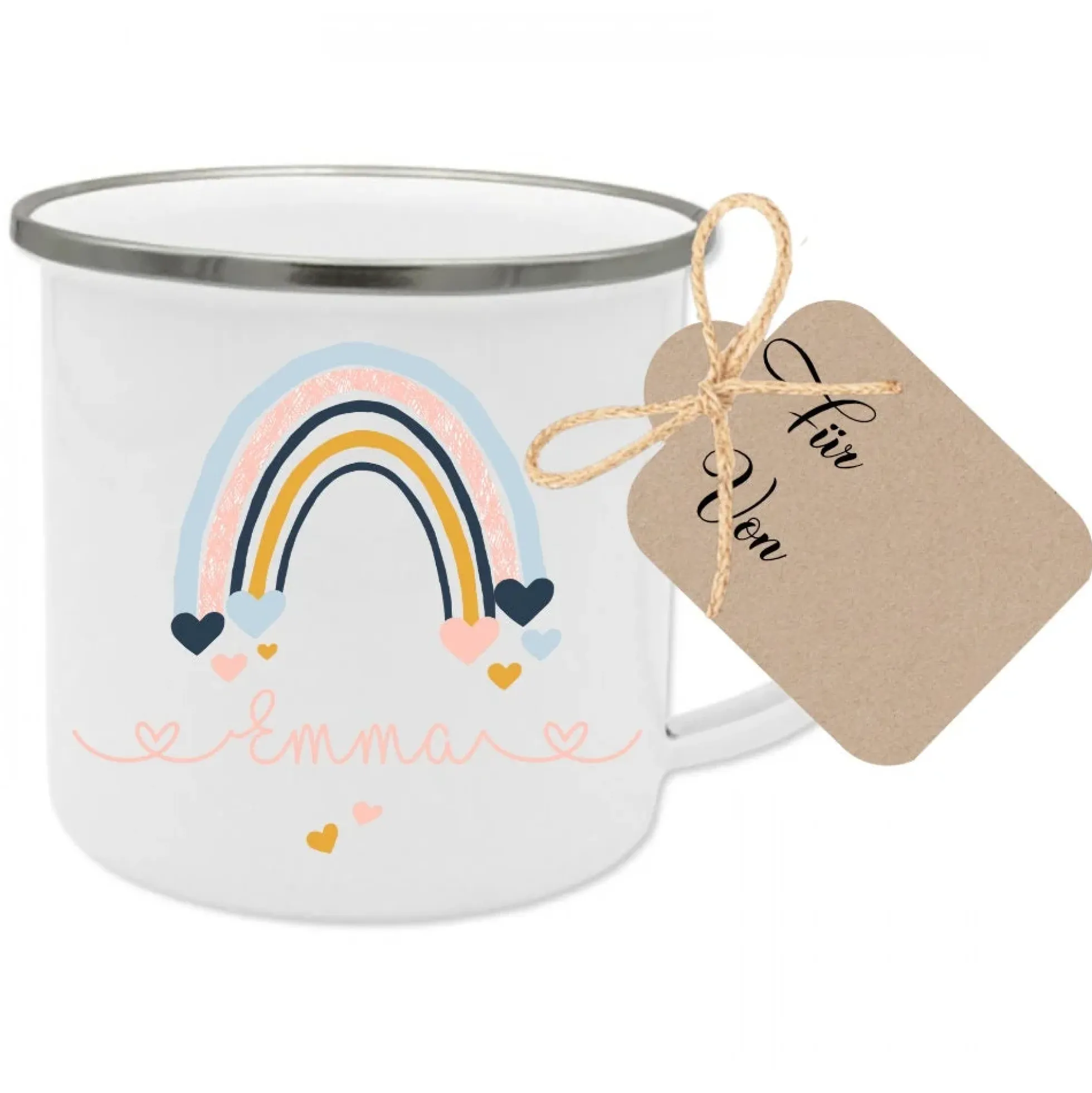 Tasse für Mädchen u. Jungen mit Namen und Regenbogen | Schönes Geschenk für Kinder | Personalisierter Kinderbecher aus Emaille | 2 Motivvarianten zur Auswahl