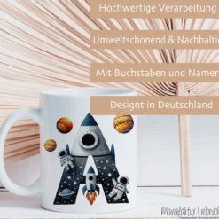Tasse Junge Weltall Astronaut Monogramm Keramiktasse Name personalisiert Rakete Einschulung Geburtstag Geschenk I Manufaktur Liebevoll
