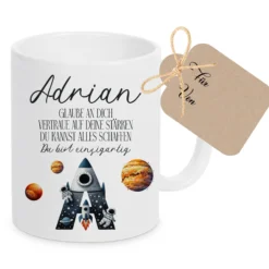 Tasse Junge Weltall Astronaut Monogramm Keramiktasse Name personalisiert Rakete Einschulung Geburtstag Geschenk I Manufaktur Liebevoll