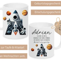 Tasse Junge Weltall Astronaut Monogramm Keramiktasse Name personalisiert Rakete Einschulung Geburtstag Geschenk I Manufaktur Liebevoll