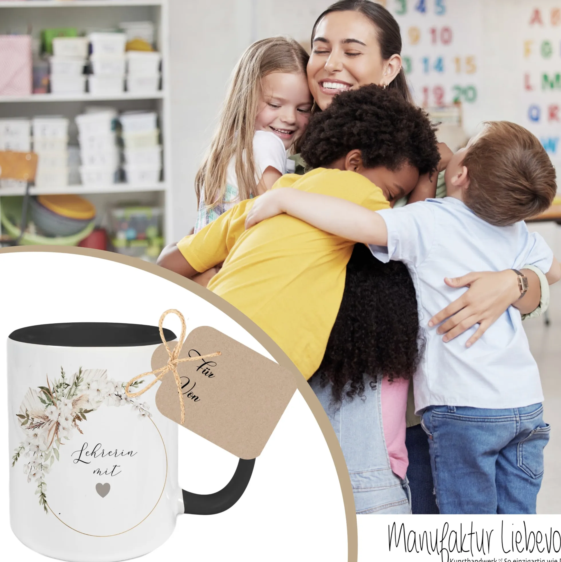 Tasse "Lehrerin mit Herz" | Personalisiertes Geschenk als Dankeschön und zum Abschied | Keramiktasse mit Namen und Buchstaben