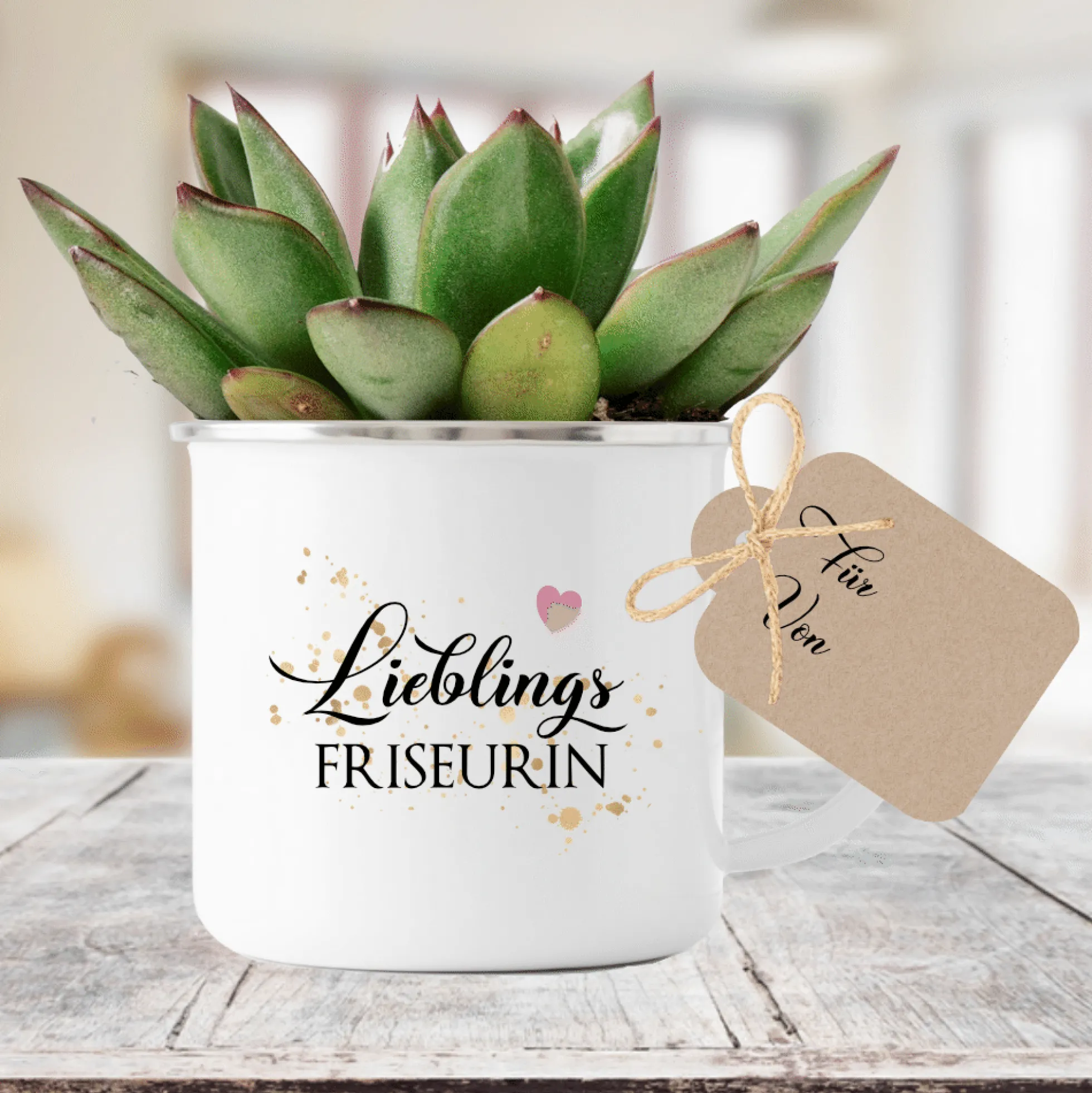 Tasse "Lieblingsfriseurin" | Geschenk für die Friseurin | Emailletasse mit Geschenkanhänger | 12 Motivvarianten zur Auswahl