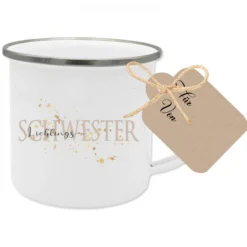Tasse "Lieblingsoma" | Geschenk für die Oma vom Enkel | Emailletasse mit Geschenkanhänger | 6 Motivvarianten zur Auswahl
