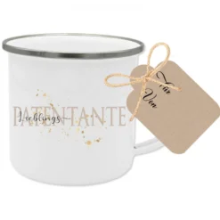 Tasse "Lieblingspatentante" | Geschenk für die Patentante | Emailletasse mit Geschenkanhänger | 2 Motivvarianten zur Auswahl