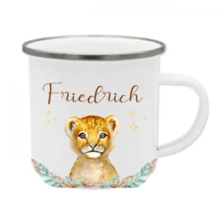 Tasse Löwe mit Namen des Kindes | Emaille Trinkbecher für Mädchen u. Jungen I Personalisierte Kindertasse als besonderes Geschenk | 7 Motivvarianten zur Auswahl
