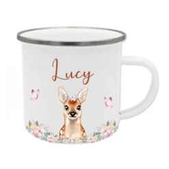 Tasse Löwe mit Namen des Kindes | Emaille Trinkbecher für Mädchen u. Jungen I Personalisierte Kindertasse als besonderes Geschenk | 7 Motivvarianten zur Auswahl