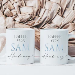 Tasse mit Spruch: Finger weg! und Namen Sie und Ihn | Kaffeetasse aus Keramik | 2 Motivvarianten zur Auswahl